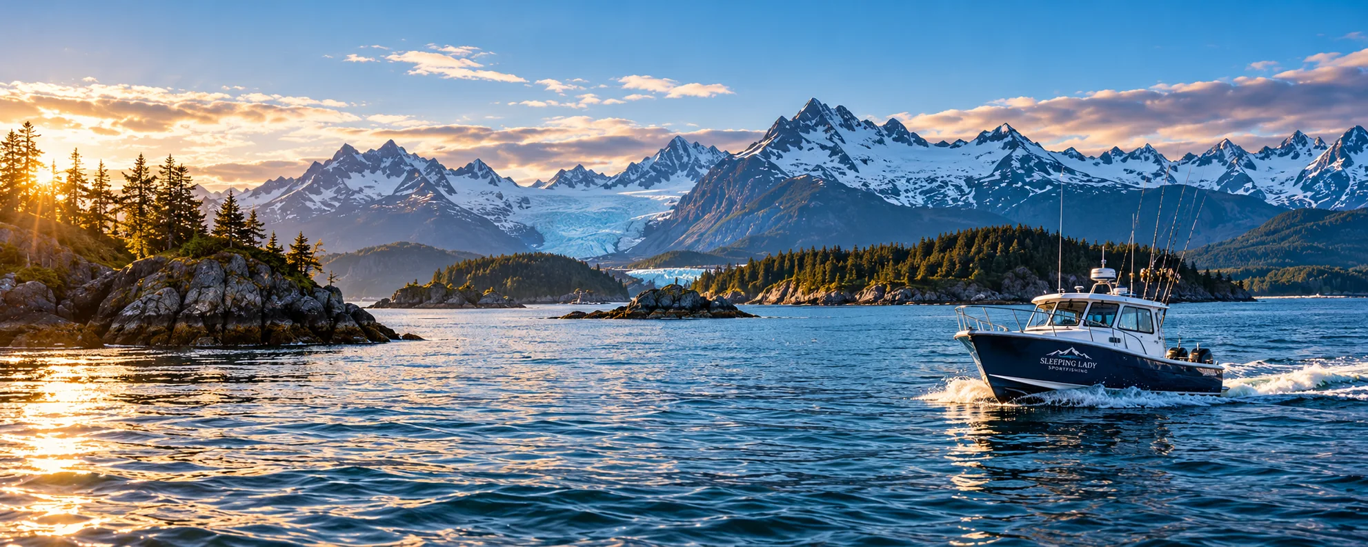 AI-generated conceptual panorama of a small navy boat passing rocky wooded islands beneath snowy mountains at sunset.