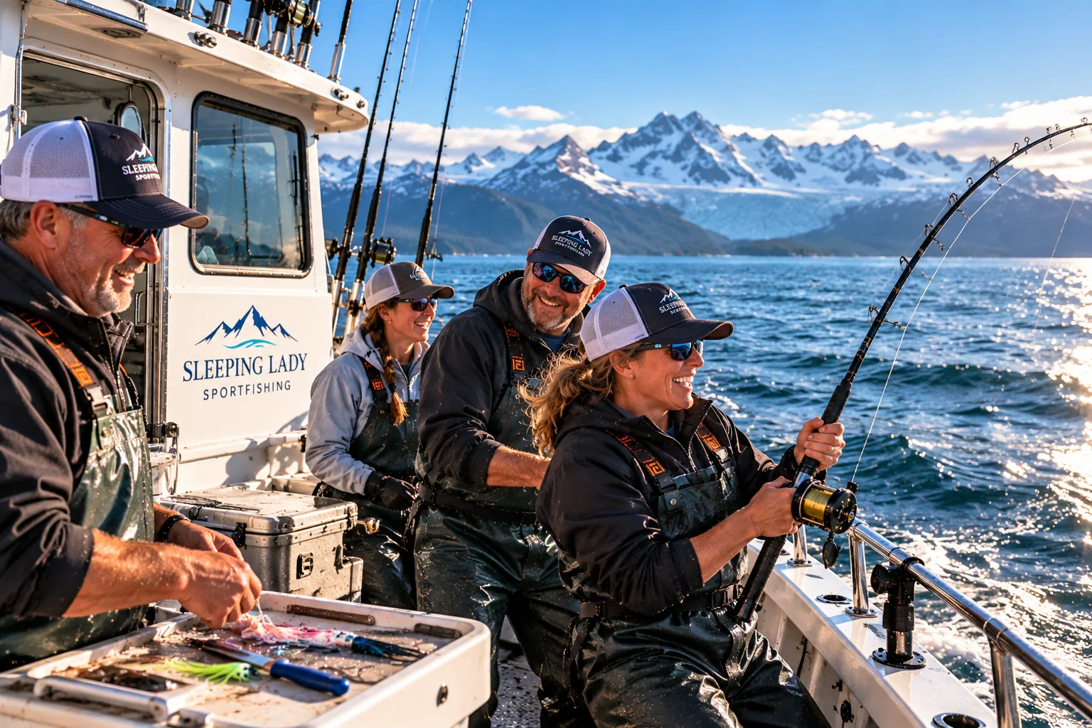 AI-generated conceptual scene of a group aboard a boat, with one person holding a bent fishing rod at the rail.