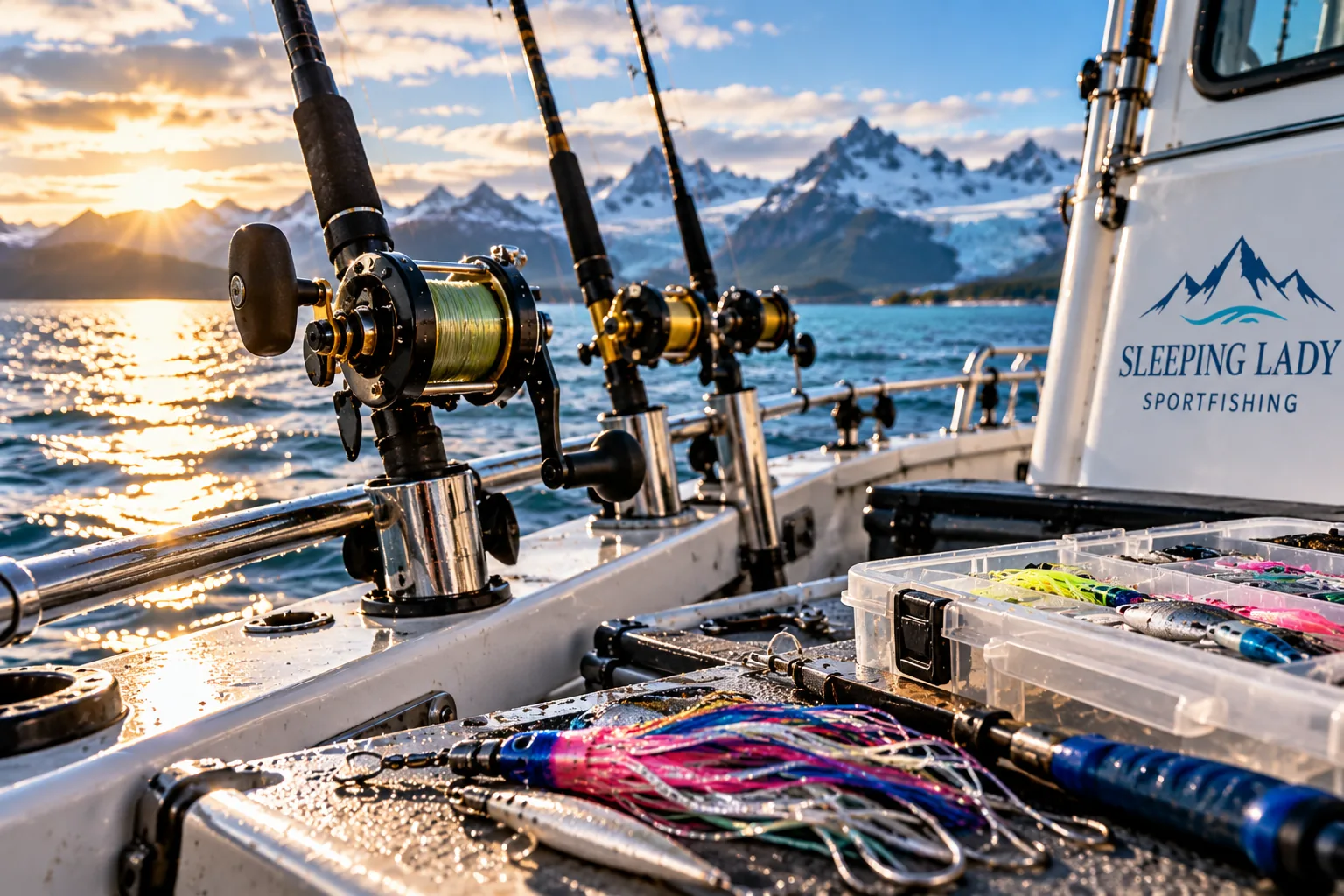 AI-generated conceptual close-up of fishing reels, rods and colorful tackle beside a boat cabin at sunset.