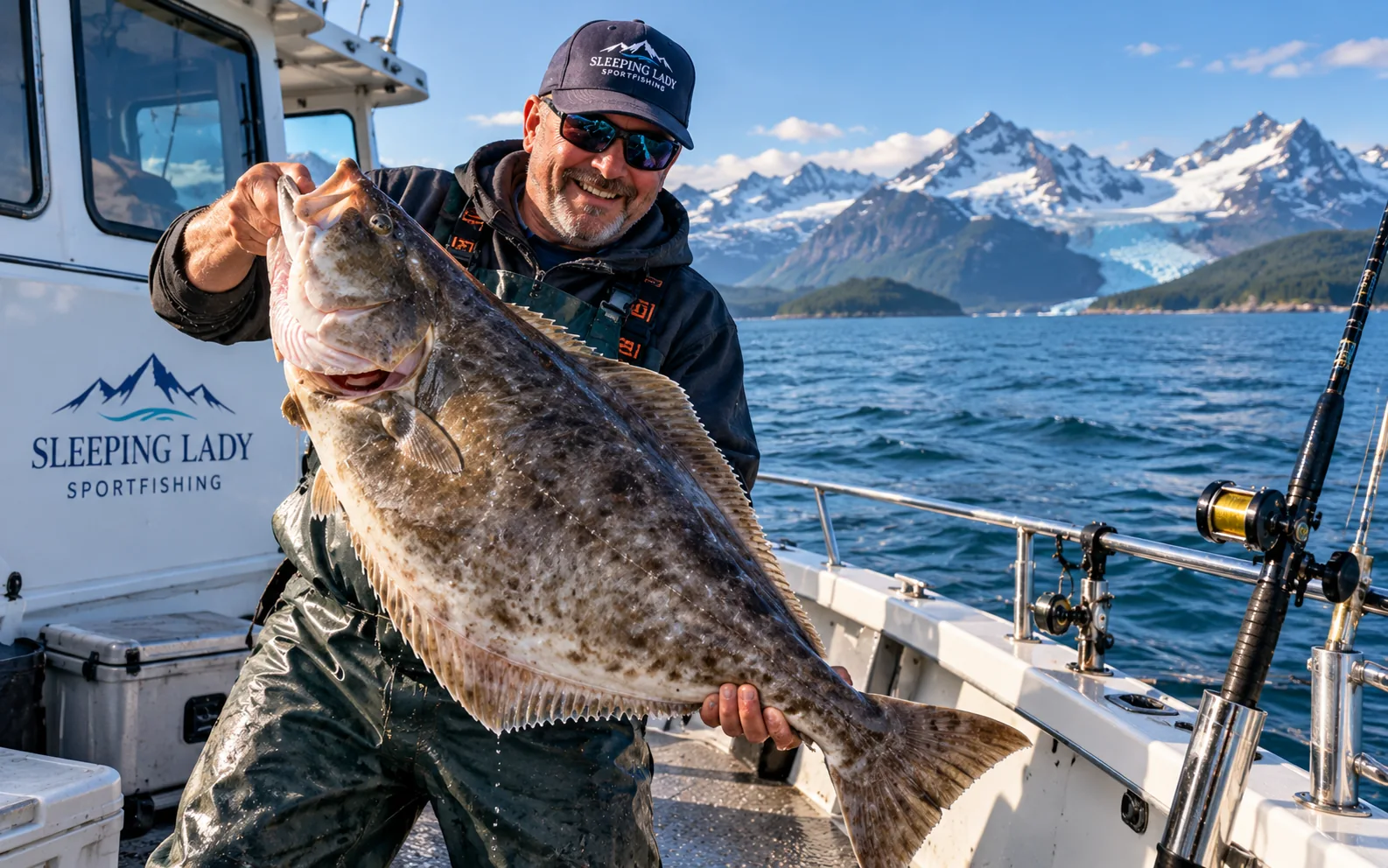 AI-generated conceptual scene of an angler holding a large flatfish aboard a boat with mountains beyond.
