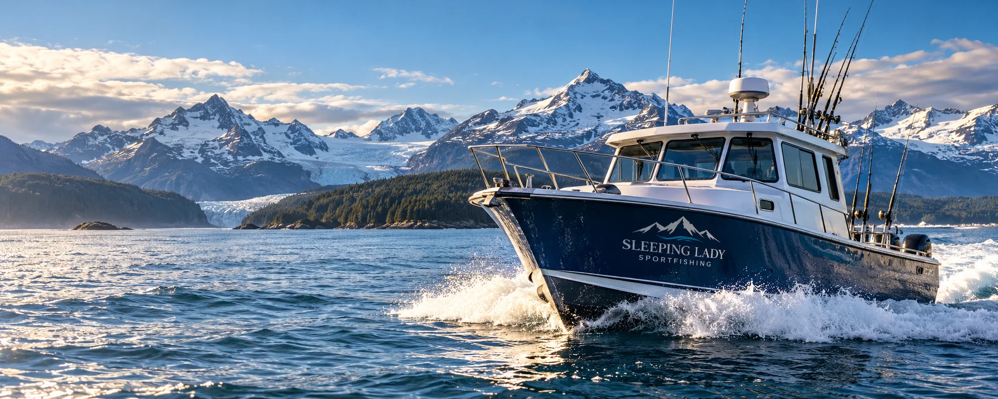 AI-generated conceptual scene of a navy-and-white cabin boat crossing blue water beneath snowy mountains.