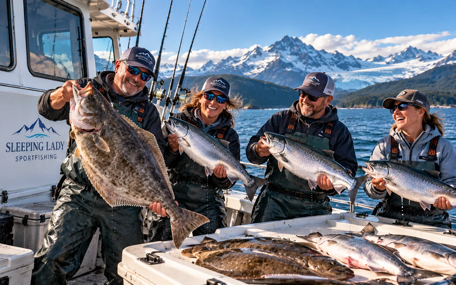 AI-generated conceptual scene of four people holding fish on a boat against a mountain backdrop.